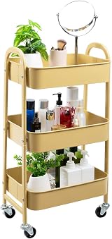 DOEWORKS Storage Trolley on Wheels 3-Tier Metal Cart 70cm Khaki Yellow view 8