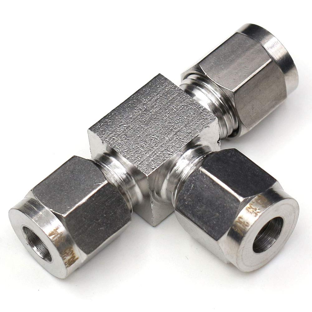 CEKER 304 Stainless Steel Air Fittings Type T Tube Fitting, 1/4" Tube OD 3 Way Union Tee Air Compression Fittings, 1/4" x 1/4" x 1/4" OD Quick Connect Air Line Fitting with Ferrules 1 Pack