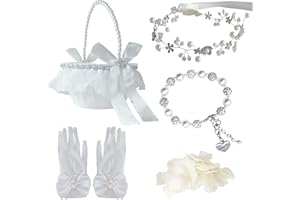 FEXICHUJI 5 Pcs Flower Girl Basket Wedding Set, Flower Girl Jewellery Kit Accessories with Headband Bracelet Gloves Basket and Ivory Petals