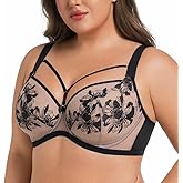 MissCurvaty Embroidery Floral Full Cup Underwire Plus Size Bra with Sexy Double Mesh Adjustable Straps Lingerie JKLMNO
