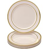 Silver Spoons Ritz Collection Ivory Round Plastic Side Plates with Gold Rim - 7" (Pack of 10) - Perfect for Weddings, Engagements, Birthday Parties & More