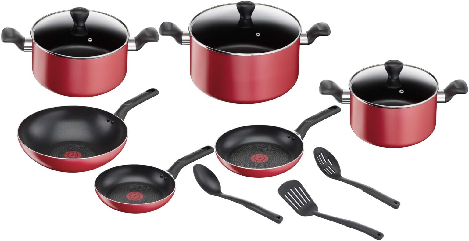 TEFAL Super Cook Non Stick w/Thermospot 12 PCS Cooking Set Red