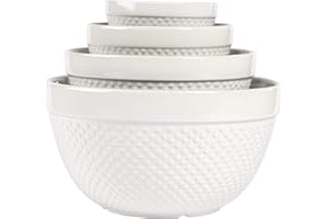 TTU Tabletops Gallery Hobnail Style 4 Piece Classic White Stoneware Nesting Mixing Bowl Set for Baking and Cooking
