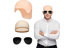 Adytom 3 Pcs Professional Bald Cap with Black Glasses Realistic Flesh Tone Latex Costume Accessory