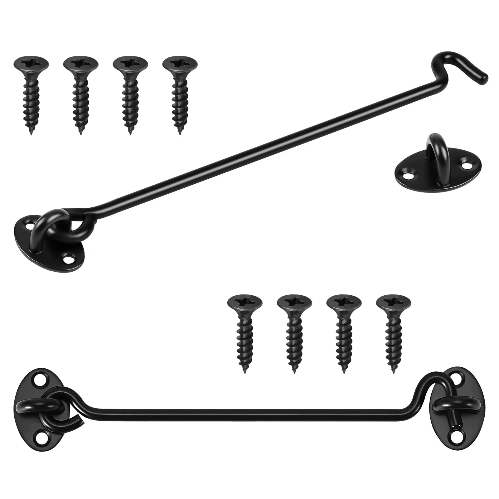 2 Pcs Hook and Eye Latch,10 Inch Black Latch Hook, Heavy Duty Solid Thicken Gate Latch and Door Latch with Mounting Screws, Gate Hook for Sliding Door Outdoor Window Wooden Fence