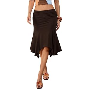 GORGLITTER Women's Elastic Ruched Asymmetrical Flowy Handkerchief Hem Skirt | Flared Ruffle Hem, High Low Design, Stretchy Wa