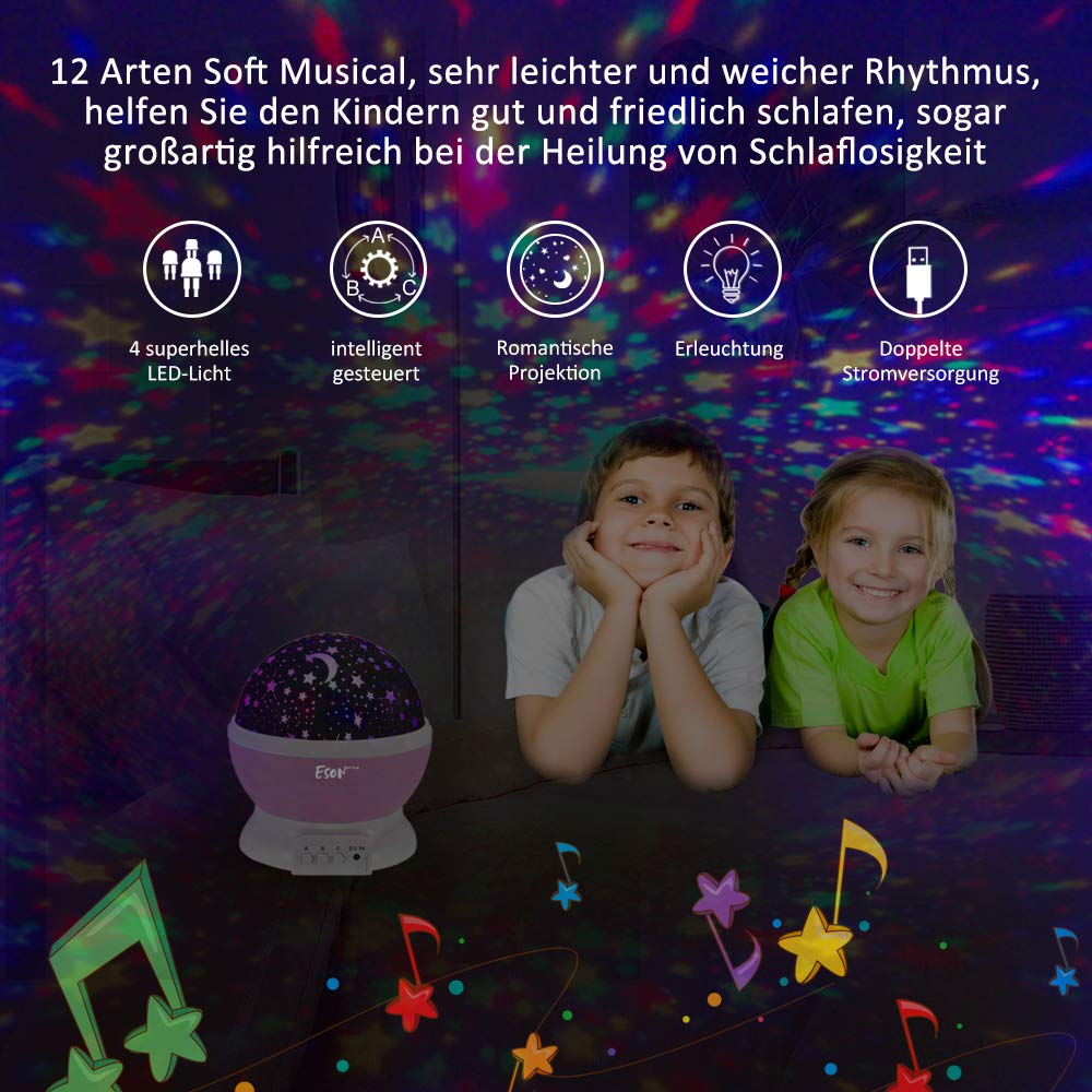 Esonstyle Wiederaufladbare 360 Grad Drehende Nachtlicht Projektor Baby Musical Mond und Himmel Licht mit 12Licht Musik für Baby Zimmer, Schlafzimmer, Kinderzimmer, Halloween, Weihnachten(Rosa)