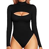 MANGOPOP Women's Mock Neck Cutout Front Bodysuit Long Sleeve Sleeveless Turtle Neck Body Suits Sexy Tops