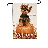 KEEPAEON 12x18 In Welcome Fall Yorkie Pumpkin Linen Garden Flag, Autumn Thanksgiving Maple Leaves House Yard Outside Decorations Outdoor Small Decor (1278)
