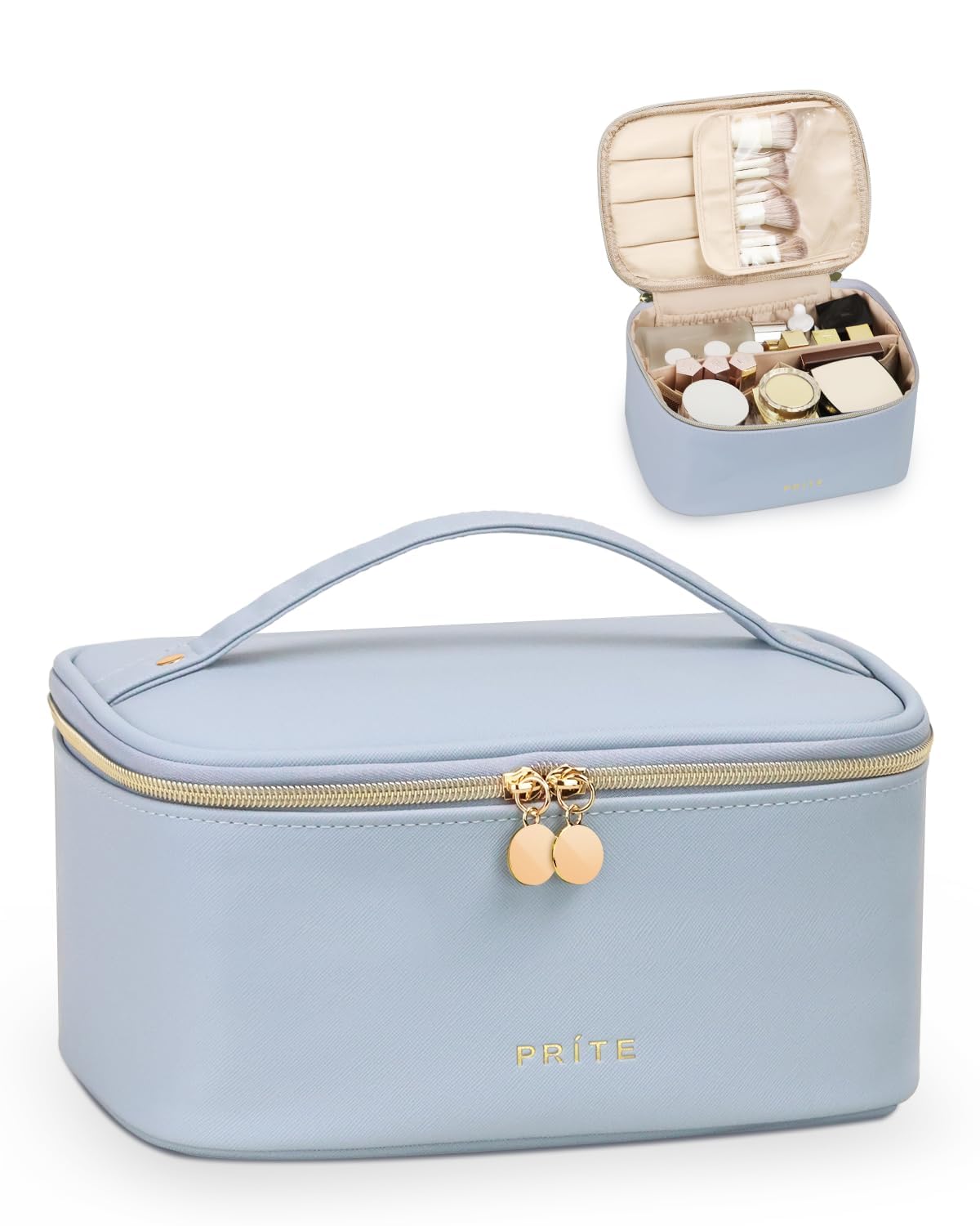 Prite Large Makeup Bag for Women Travel Cosmetic Case Waterproof Leather Toiletry Bag Portable Make Up Organiser Pouch with Handle and Removable Divider (Blue) — image 1