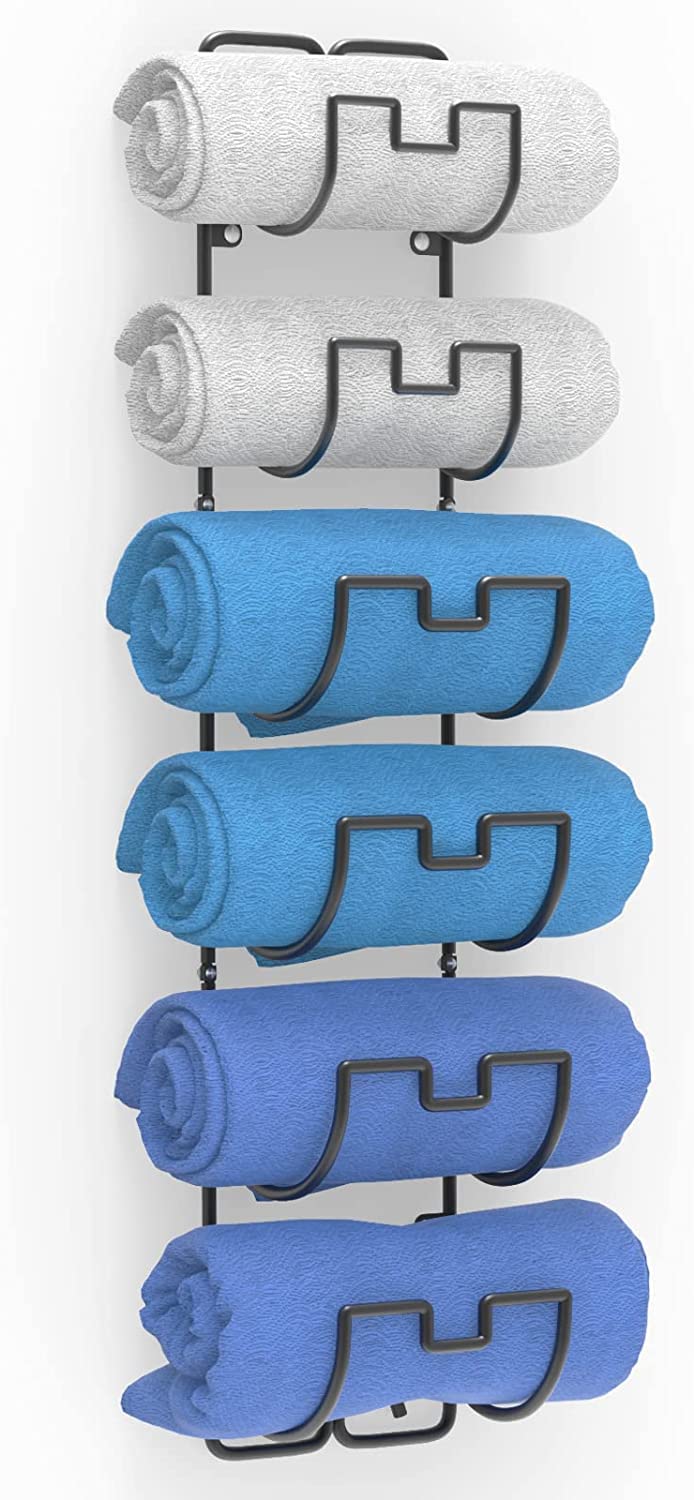 Wall Mounted Towel Rail, Hanging Towel Rail for Bathroom Storage with 6 Compartments, Bath Towel Holder, Guest Towel Holder, Space Saving Bathroom Accessories Towel Rail (Black)