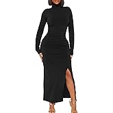 HOCILLE Women's Sexy Long Sleeve Bodycon Casual Turtleneck Party Ruched Slit Maxi Dress