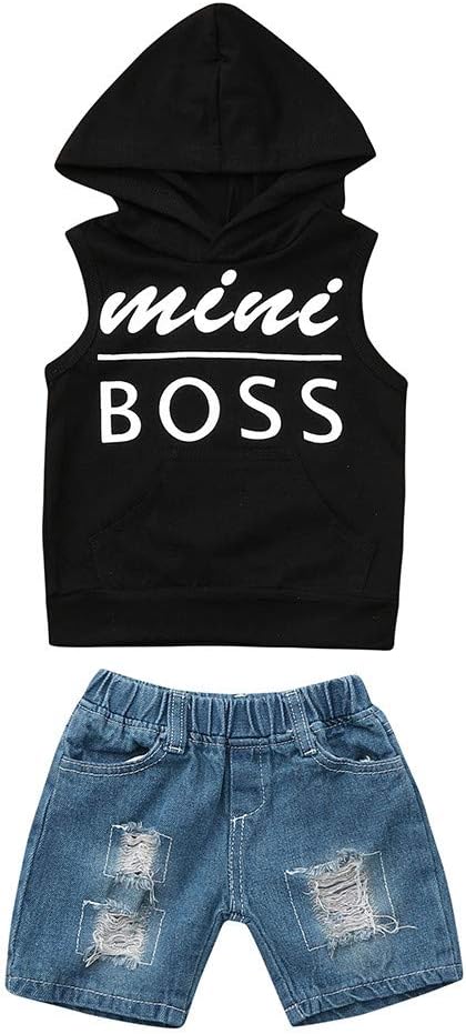Youmymine Toddler Baby Boys Sets Sleeveless Letter Print Vest Tops+Hole Denim Jean Shorts Outfits Set