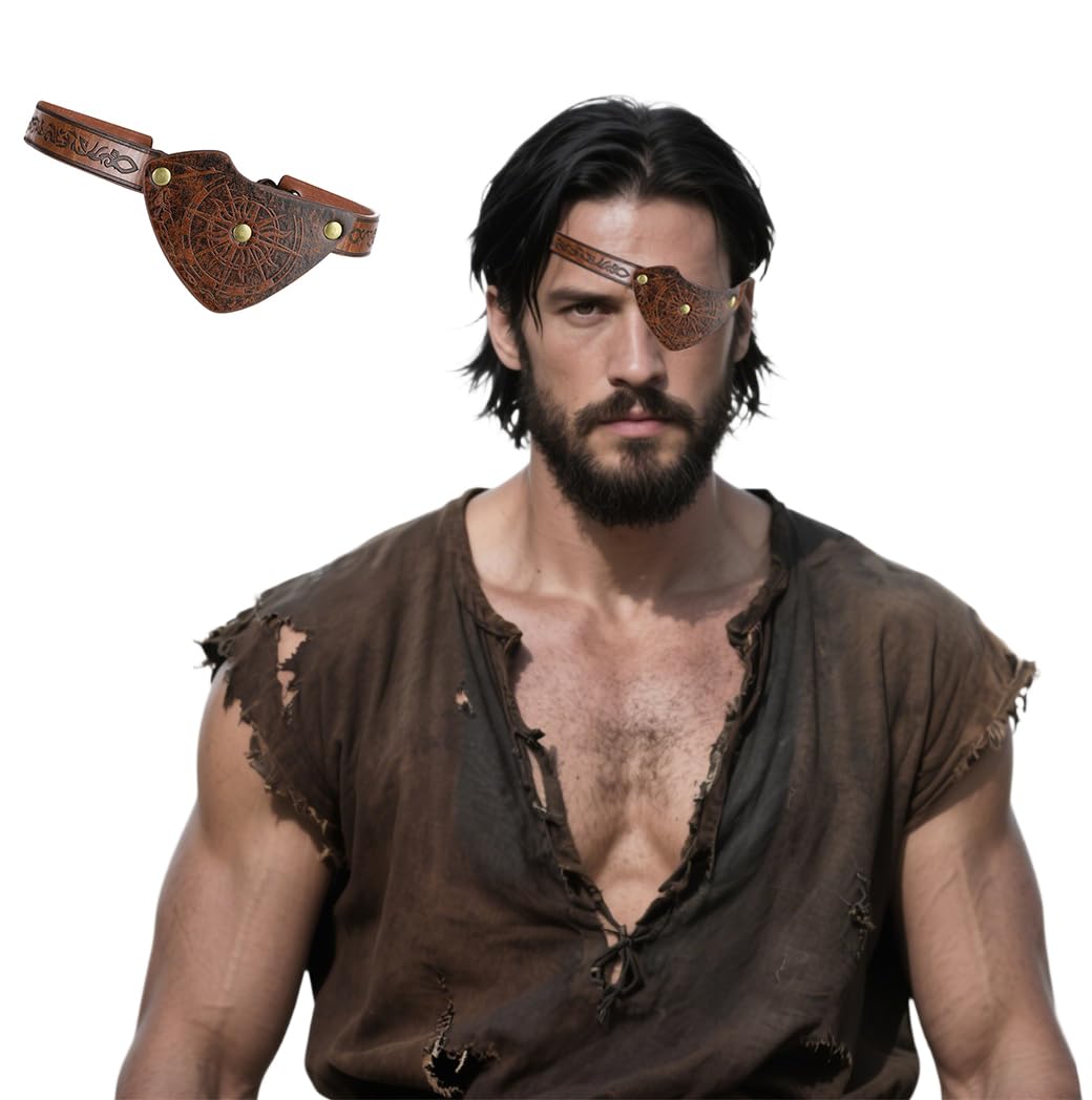 Qchomee Leather Pirate Eye Patch Adjustable Eyepatch for Right Left Eye Vintage Eye Cover Eye Mask Halloween Costume (Brown)