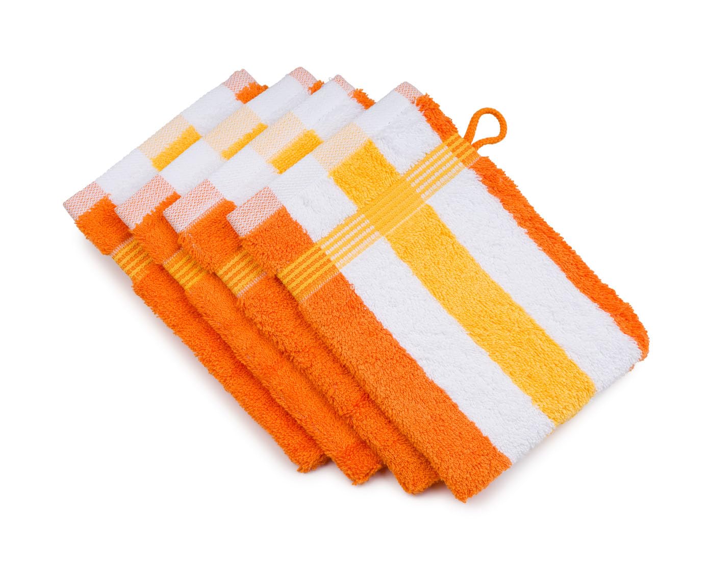 Gözze - New York Bath/Shower Glove/Mitt, Set of 4, Striped, Soft and Absorbent, 100% Cotton, 17 x 24 cm - Orange/White/Yellow
