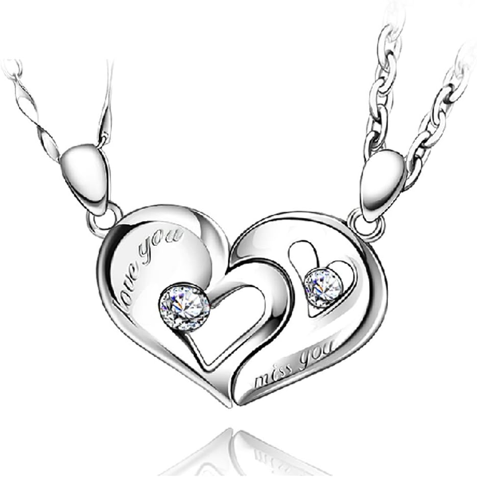 Sterling Silver Couple Necklaces Pandant Necklace 14K White Gold Overlay His and Hers Necklaces for Couples, Anniversary, Valentine, Christmas (Stainless Steel)