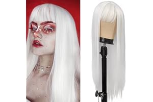 Netgo White Wig with Bangs, Long Straight White Wig for Women, 27 Inch Heat Resistant Synthetic Womens Hair Wigs for Cosplay Party Halloween