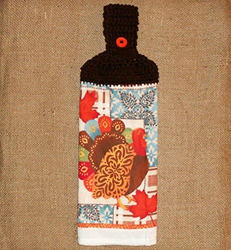 Turkey and Fall Colored Leaves Crocheted Top Hanging Towel, Double Sided