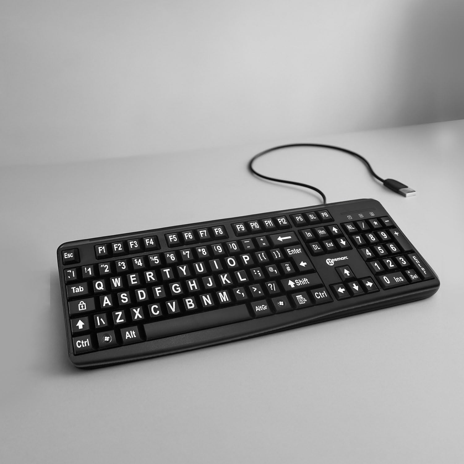 Geemarc Wired Alphanumeric USB Keyboard with Large White Lettering and Black Keys, High Colour Contrast Keyboard for People with Low Vision, Compatible with Windows XP, Vista, 7, 8, 10 – UK Version — image 1