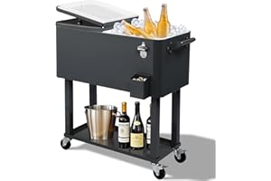Outvita 80 Quart Rolling Ice Chest, Portable Bar Drink Cooler with Catch Basin, Bottom Storage Tray and Bottle Opener for Patio Party BBQ Beach Activities