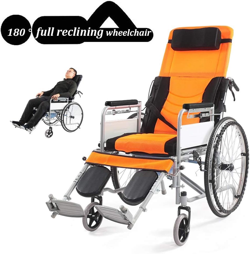 Aluminum Wheelchair Full Reclining Lightweight and Foldable Frame, Attendant-Propelled Wheelchair, Portable Transit Travel Chair Can Bear 180kg Yellow Lightweight propelled