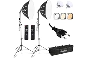 EZLUCKY European Standard Plug Needs a Converter to The American Standard on Your own, Softbox Lighting Kit, 2Pcs 20" Softbox with 3000K-6500K 85W LED Bulbs, Remote & 63" Tripod Stand, Softbox Photography