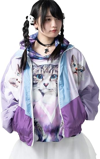 Amazon エーシーディーシーラグ アンジ ナイロンジャケット 原宿系 ファッション レディース メンズ ユニセックス ゆめかわいい ねこ 個性的 メルヘン ファンシー コート ジャケット 通販