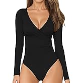 MANGOPOP Women's Cross Wrap Ruched Plunge Neck Deep V Long Sleeve Short Sleeve Bodysuits
