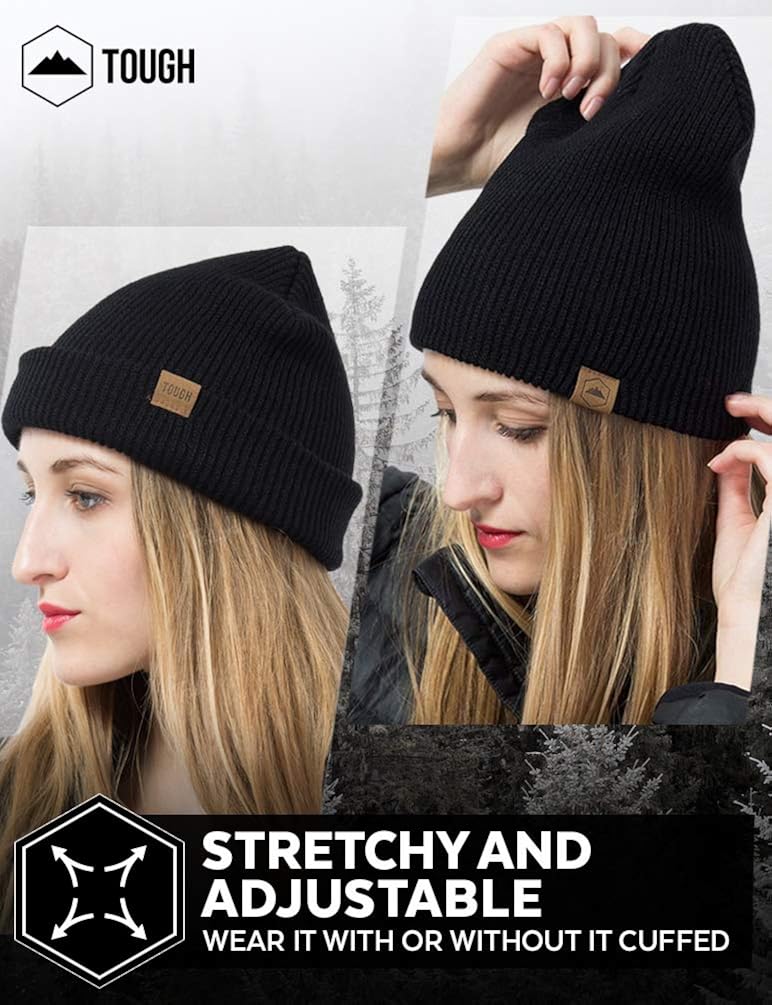 Tough Headwear Daily Knit Ribbed Beanie Warm, Stretchy & Soft Beanie Hats for Men & Women - Year Round Comfort - Serious Beanies for Serious Style Black: Clothing