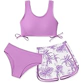Girl's 3 Piece Bikini Bathing Suit Printed Sport Swimsuits with Shorts Cove Up Sets Teen Girl's Swimwear