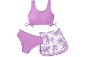 ADARL Girl's 3 Piece Bikini Bathing Suit Printed Sport Swimsuits with Shorts Cove Up Sets Teen Girl's Swimwear