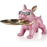 Huhote Bulldog Tray Statue,Small Modern French Bulldog Candy Dish Key Holder Bowl, French Bulldog Accessories, Statues for Office Desk Home Decor Figurines Entryway Table Decor (Pink)