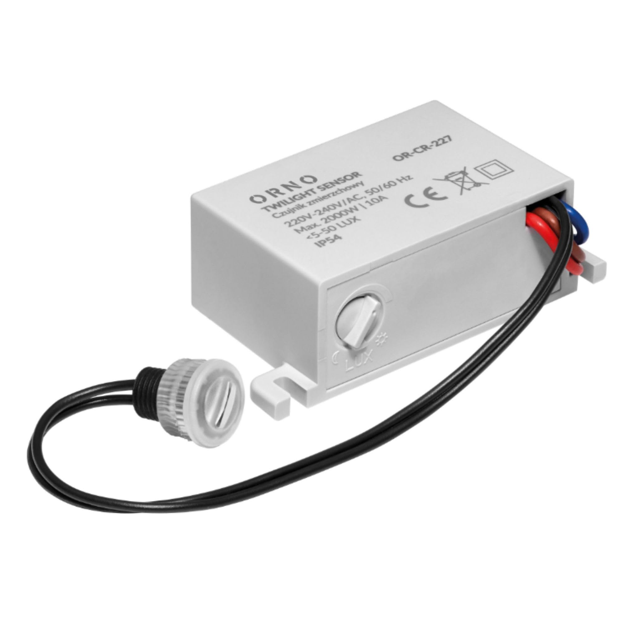 Orno CR-227 230 V Outdoor Twilight Sensor with Light Intensity Adjustment and External Probe, IP54 Rating