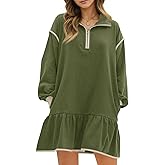Wenrine Womens 2025 Fall Oversized Sweatshirt Dress Casual Long Sleeve Quarter Zip Ruffle Hem Pullover Mini Dresses