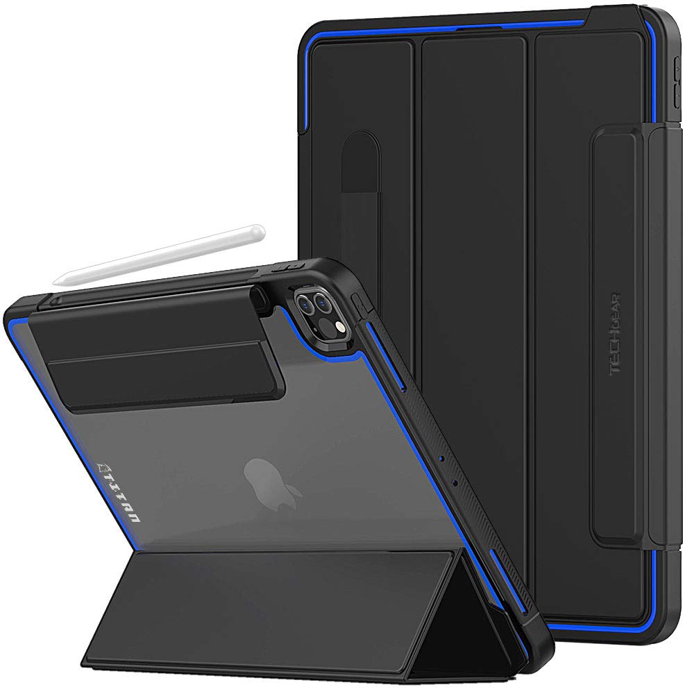 TECHGEAR Titan Case Designed For iPad Pro 12.9 2020/2018 (3rd / 4th Generation) Slim Shockproof Tough Rugged Protective Armour Smart Case + Stand, Kids Schools Builders Workman Case [Blue]