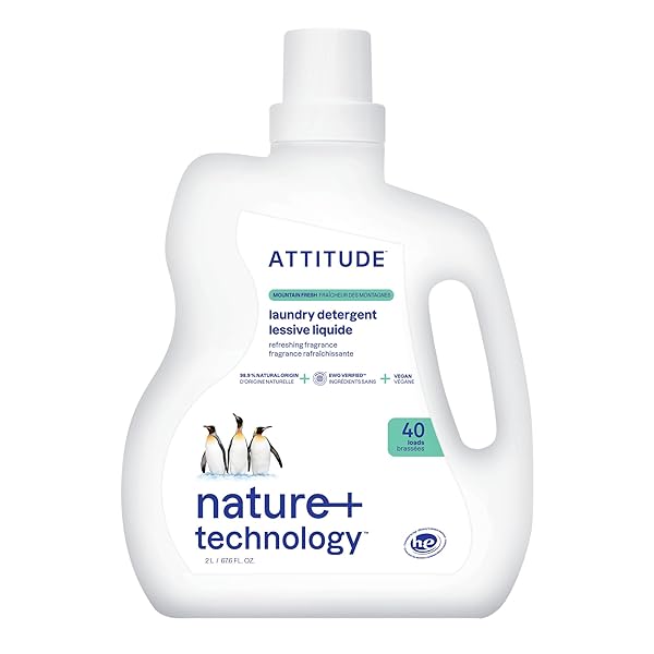 ATTITUDE LIQUID LAUNDRY DETERGENT, EWG VERIFIED, HE COMPATIBLE, PLANT-BASED & VEGAN, NATURAL LAUNDRY SOAP, MOUNTAIN FRESH SCENT, 40 LOADS, 67.6 FL OZ