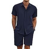 COOFANDY Men's Summer Beach Outfits 2 Piece Short Sleeve Shirts and Shorts Vacation Texture Linen Sets for Men