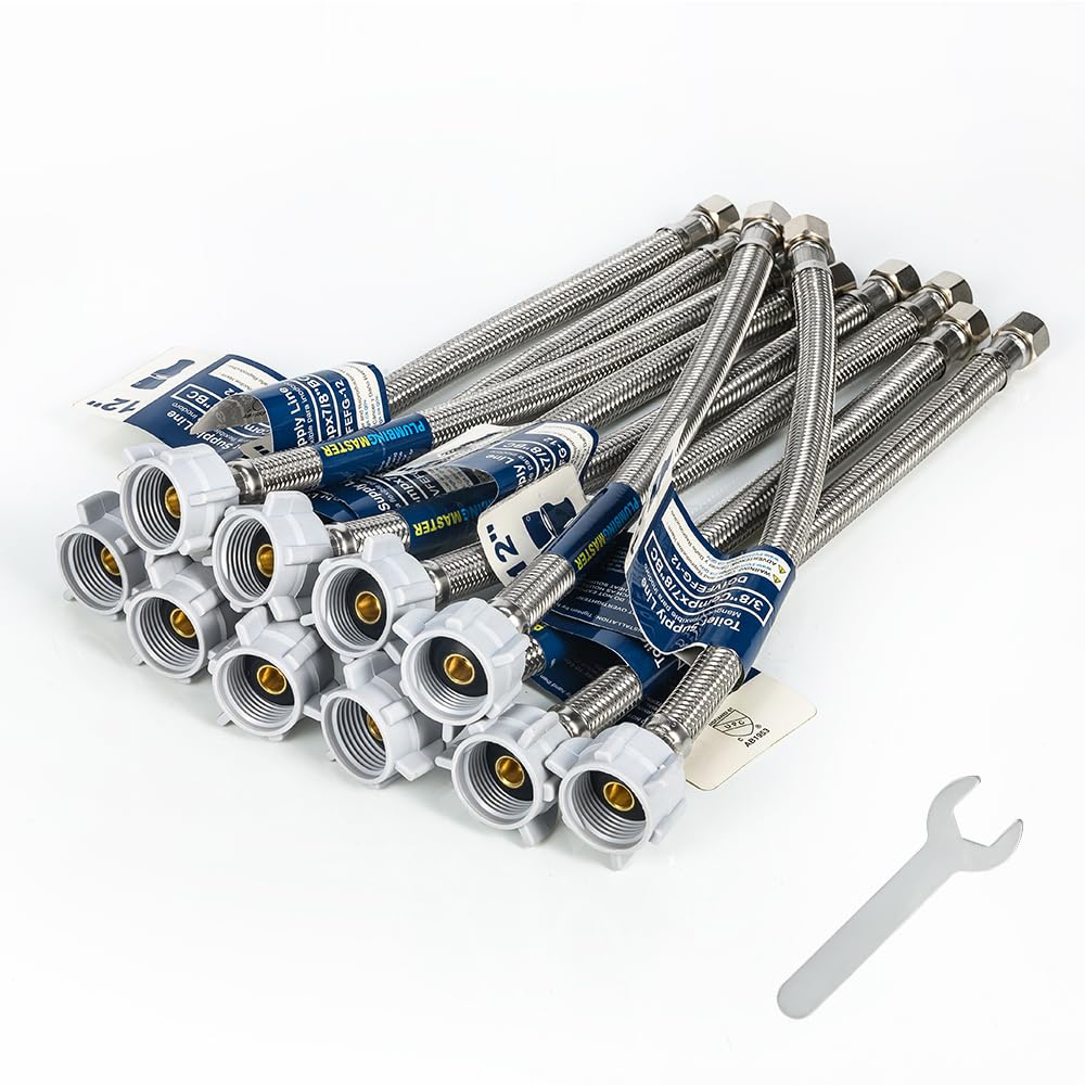 Photo 1 of (10pcs 12 inch) PLUMBINGMASTER Toilet Water Supply Line,3/8" Comp x 7/8" BC Braided Stainless Steel Toilet Supply Line,Toilet Connector Hose with Anti-Leaking Brass Nut