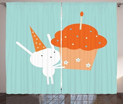 Amazon Com Ambesonne Bunny Curtains Birthday Bunny In Party Hat