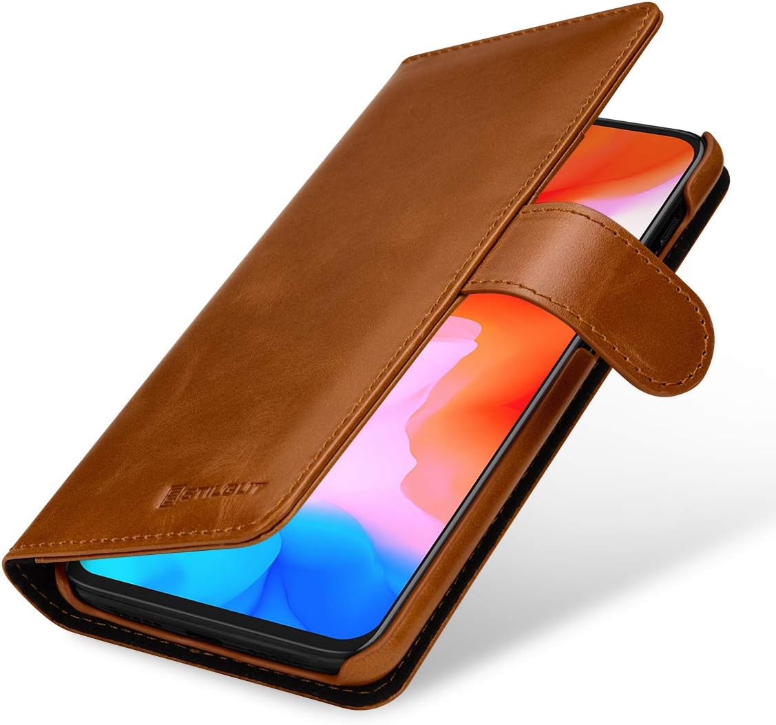 StilGut Wallet Case for OnePlus 6T, Genuine Leather OnePlus 6T Case with Card Slots & Magnetic Closure, Cognac Brown