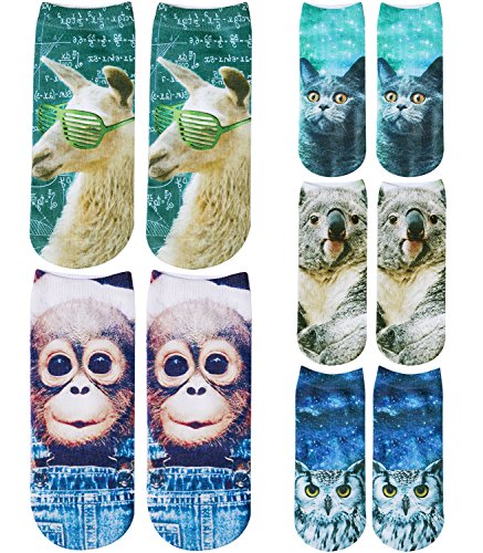 Amandir 5 Pairs Women Girls 3D Cute Cat Animals Funny Socks, Printed Ankle Socks