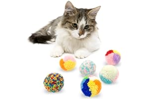 Andiker 6 Pcs Assorted Color Cat Ball Toys, Woolen Yarn Puffs Cat Pom Pom Balls Interactive Kitten Chasing Toys
