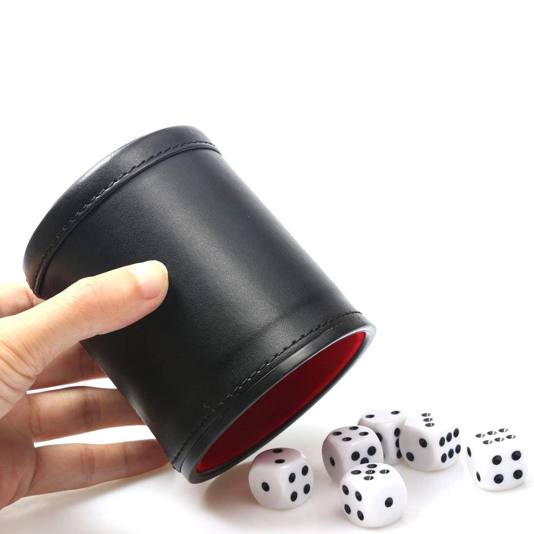 Felt Lined PU Leather Dice Cup Set with 6 Dot Dices (Black, Pack of 1)