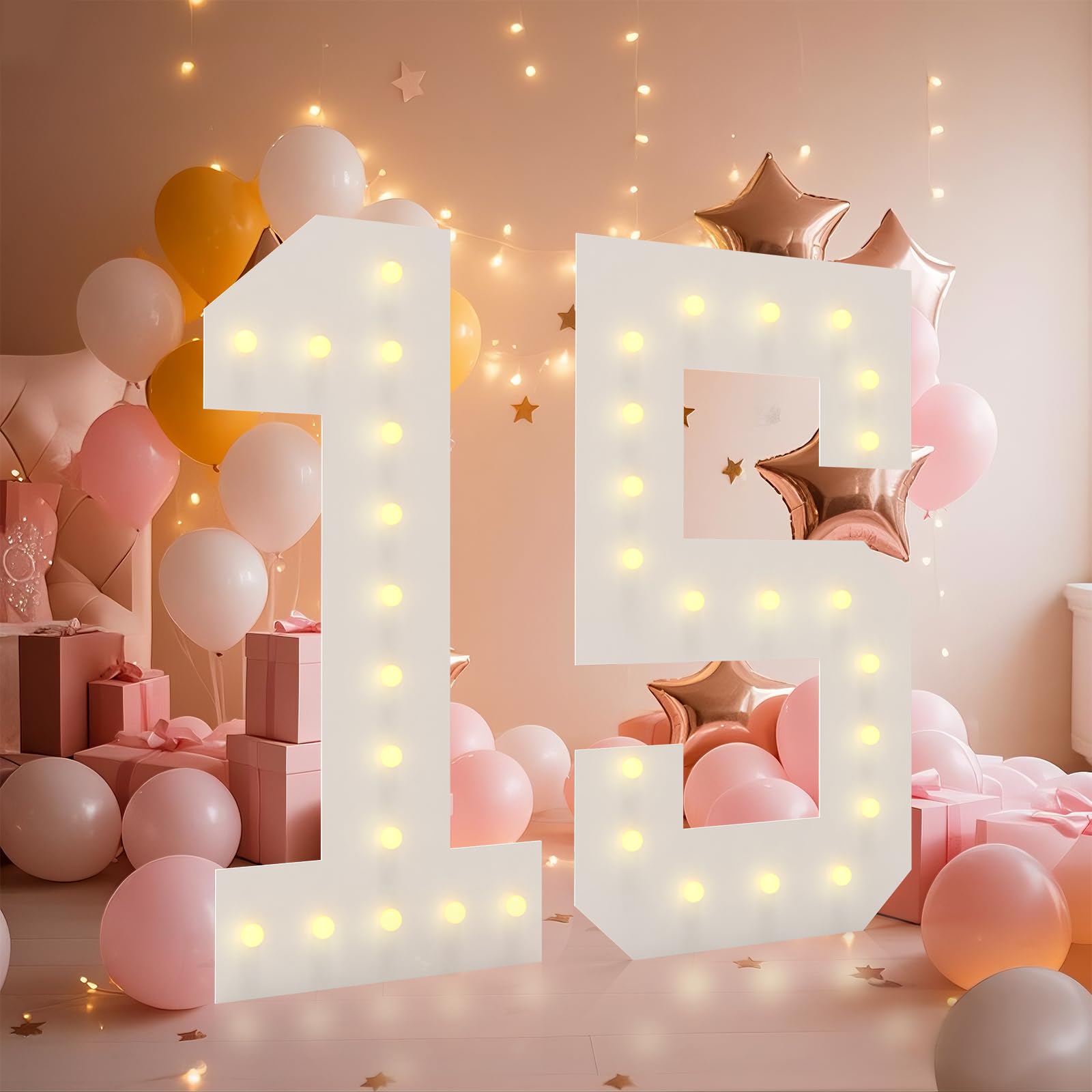 Photo 1 of LOBOOM 4FT Light Up Numbers, Marquee Numbers 4 Feet Tall Giant Number 15 Mosaic Big Number Sign for 15th Birthday Party Backdrop Anniversary Decorations, Pre-Cut Large Frame