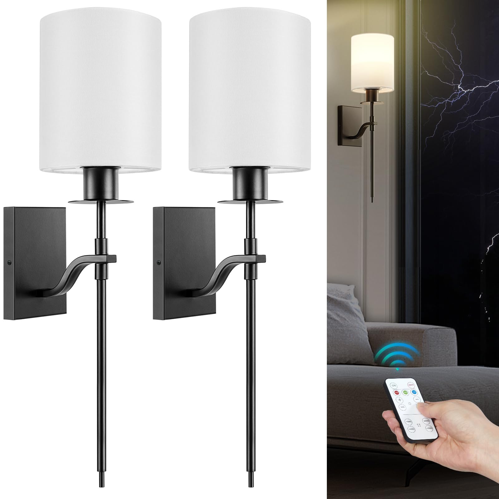 Photo 1 of SURAIELEC Wireless Wall Sconces Set of 2, Battery Operated Wall Sconce with Remote, Timer, 3 Color Temperatures, Dimmable Black Wall Lights for Bedroom, Living Room, Hallways