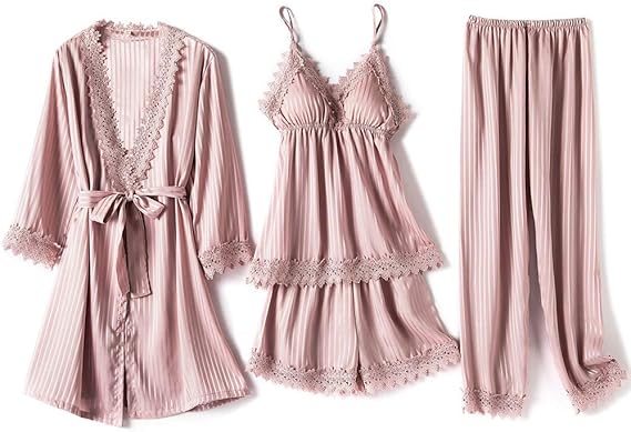 Amazon パジャマ レディース ルームウェア 4点セット 寝間着 部屋着 春 夏 秋 レース付き セクシー ナイトガウン パジャマ ルームウェアセット 通販