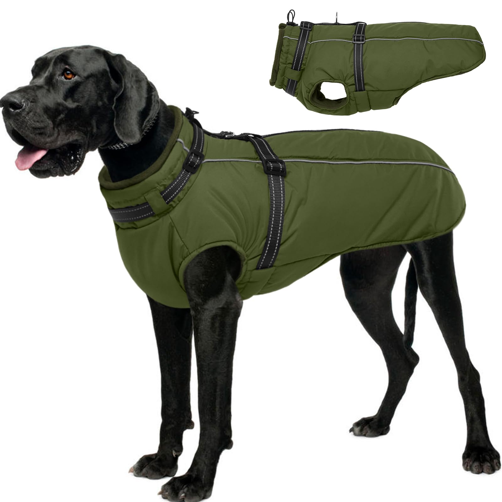Photo 1 of Lelepet Dog Coat for Large Dogs Waterproof Dog Jacket with Harness Built in Reflective Fleece Jacket with Zip Cold Weather Coats for Dogs Cozy Thermal Pet Snowsuit, Weimaraner, Army Green, XXL