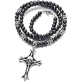 COOLSTEELANDBEYOND Gothic Style Mens Black Onyx Beads Necklace with Stainless Steel Cross Skulls