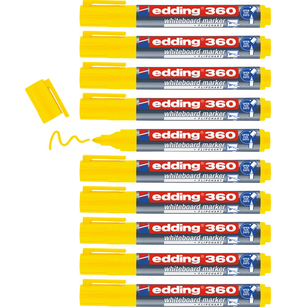 edding 360 whiteboard marker - yellow - 10 whiteboard pens - round tip 1.5-3 mm - whiteboard pen dry wipe - for whiteboards, flipcharts, pinboards, magnetic and memo boards - sketchnotes