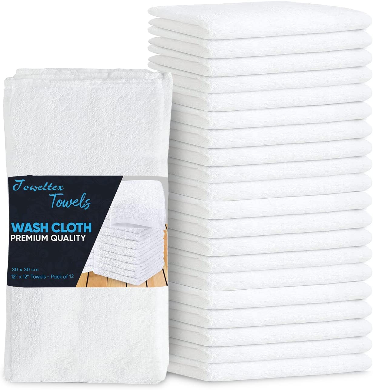 12 x Wash Cloths Set- (30 x 30 cm) 100% Egyptian Combed Cotton Flannel Face Towels for Hotel Spa Gym Makeup Remover Quick Dry And Absorbent (White)